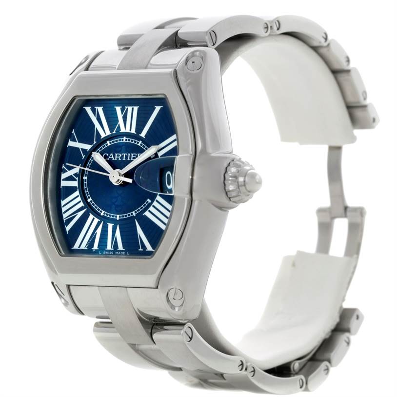 The Cartier Roadster W6206012 Men's Stainless Steel Blue Dial W6206012 Men's Stainless Steel Blue Dial watch is shown from an angled side view, highlighting its face, crown, and part of the bracelet.