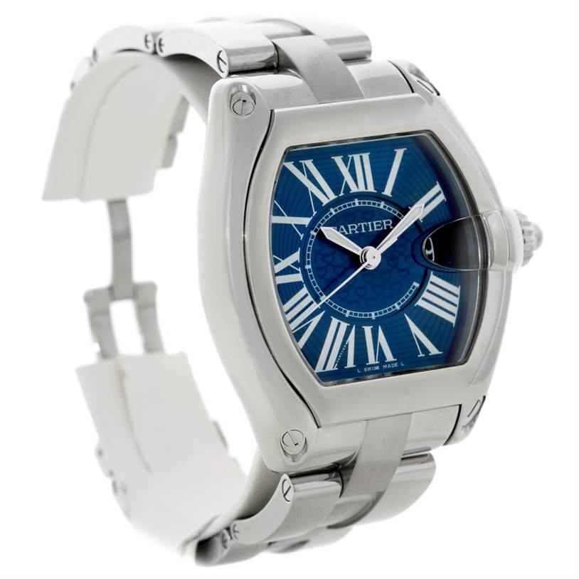 The image shows a Cartier Roadster W6206012 Men's Stainless Steel Blue Dial W6206012 Men's Stainless Steel Blue Dial watch at a three-quarter angle, displaying its blue dial and metal bracelet.