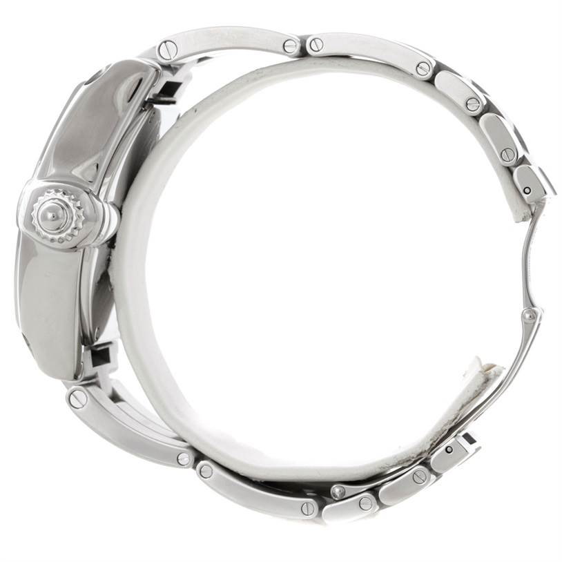 This image shows a side view of the Cartier Roadster W6206012 Men's Stainless Steel Blue Dial W6206012 Men's Stainless Steel Blue Dial watch, highlighting its crown, case, and part of the bracelet with links.