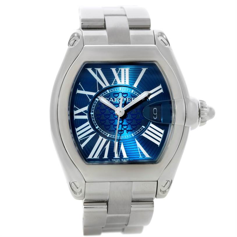 This image shows a Cartier Roadster W6206012 Men's Stainless Steel Blue Dial W6206012 Men's Stainless Steel Blue Dial watch head-on, highlighting its blue dial, Roman numerals, and metallic bracelet.