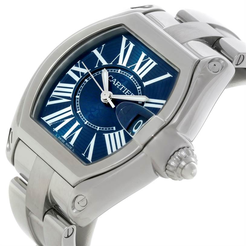 The image shows the Cartier Roadster W6206012 Men's Stainless Steel Blue Dial W6206012 Men's Stainless Steel Blue Dial watch angled to feature the face, crown, and part of the bracelet.