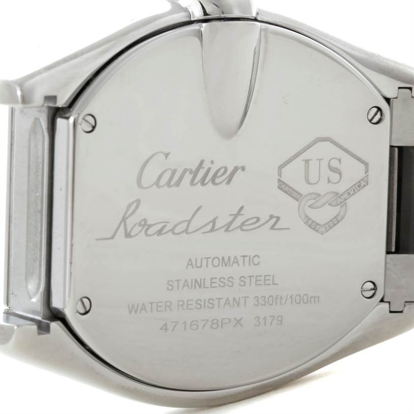 The image shows the back of a Cartier Roadster W6206012 Men's Stainless Steel Blue Dial W6206012 Men's Stainless Steel Blue Dial watch, detailing its specifications and brand engraving.