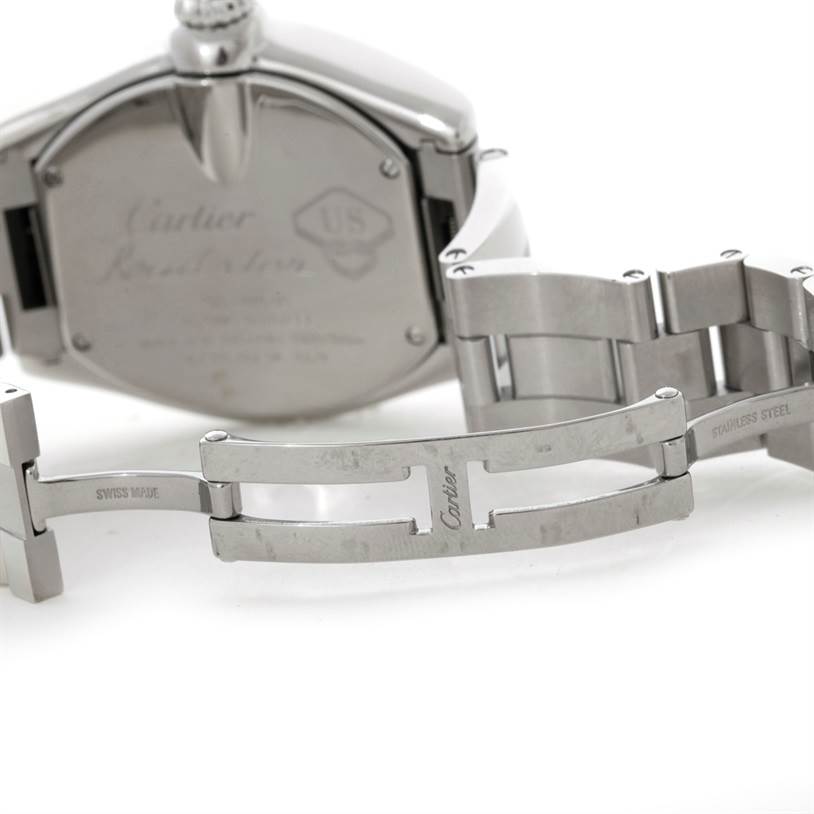 The image shows the back view of a Cartier Roadster W6206012 Men's Stainless Steel Blue Dial W6206012 Men's Stainless Steel Blue Dial watch, focusing on the case back and stainless steel bracelet with the clasp.