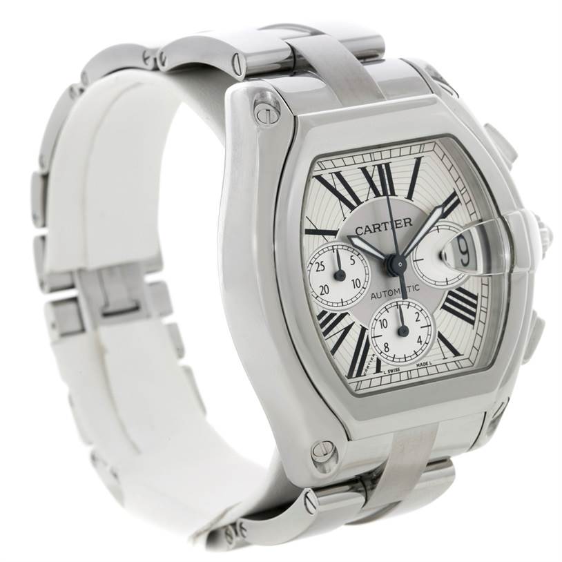 This Cartier Roadster W62019X6 Men's Stainless Steel Silver Dial W62019X6 Men's Stainless Steel Silver Dial watch is shown at a slight angle, displaying its face, bracelet, and side profile.