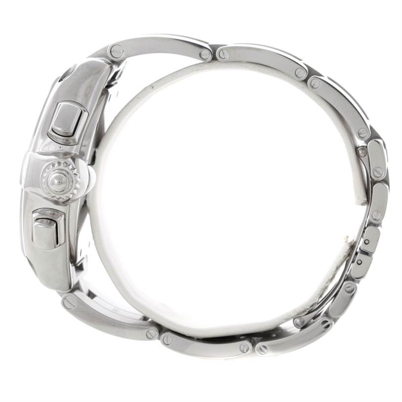 The image shows the side view of a Cartier Roadster W62019X6 Men's Stainless Steel Silver Dial W62019X6 Men's Stainless Steel Silver Dial watch, highlighting the crown and buttons on the case and part of the bracelet.