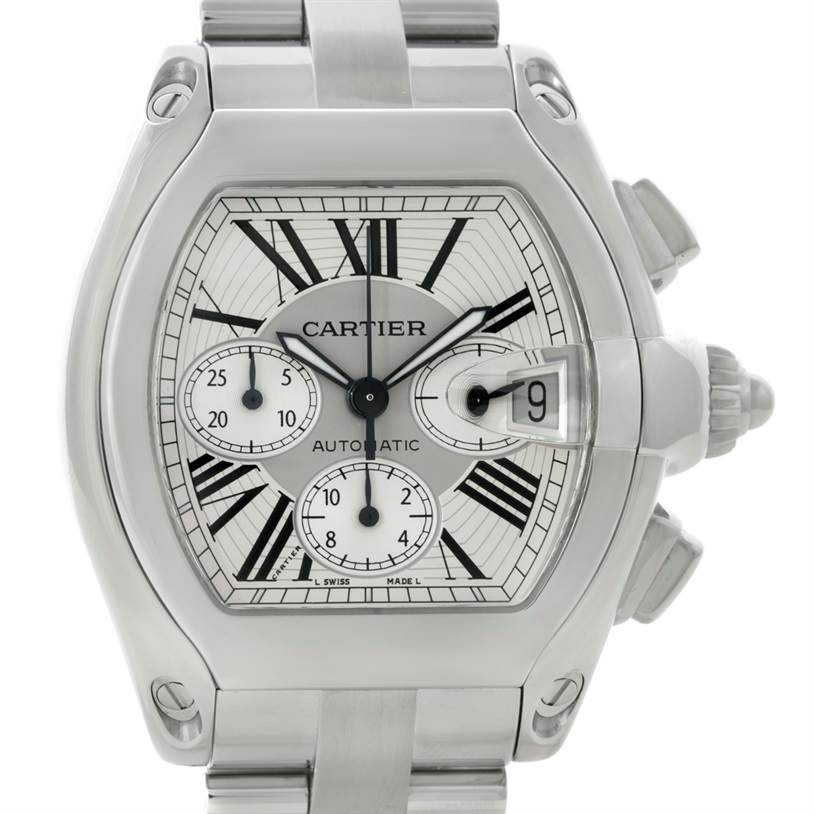 This image shows a front view of the Cartier Roadster W62019X6 Men's Stainless Steel Silver Dial W62019X6 Men's Stainless Steel Silver Dial watch, displaying its dial, hands, and bracelet.