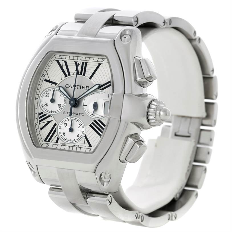 The image shows a close-up angle of a Cartier Roadster W62019X6 Men's Stainless Steel Silver Dial W62019X6 Men's Stainless Steel Silver Dial watch, highlighting its face, crown, pushers, and bracelet.