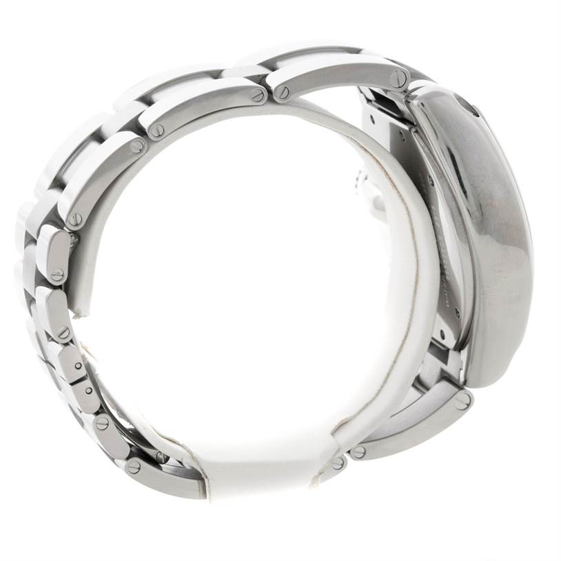 This image shows the side view of a Cartier Roadster W62019X6 Men's Stainless Steel Silver Dial W62019X6 Men's Stainless Steel Silver Dial watch, highlighting its metal bracelet and rounded case.