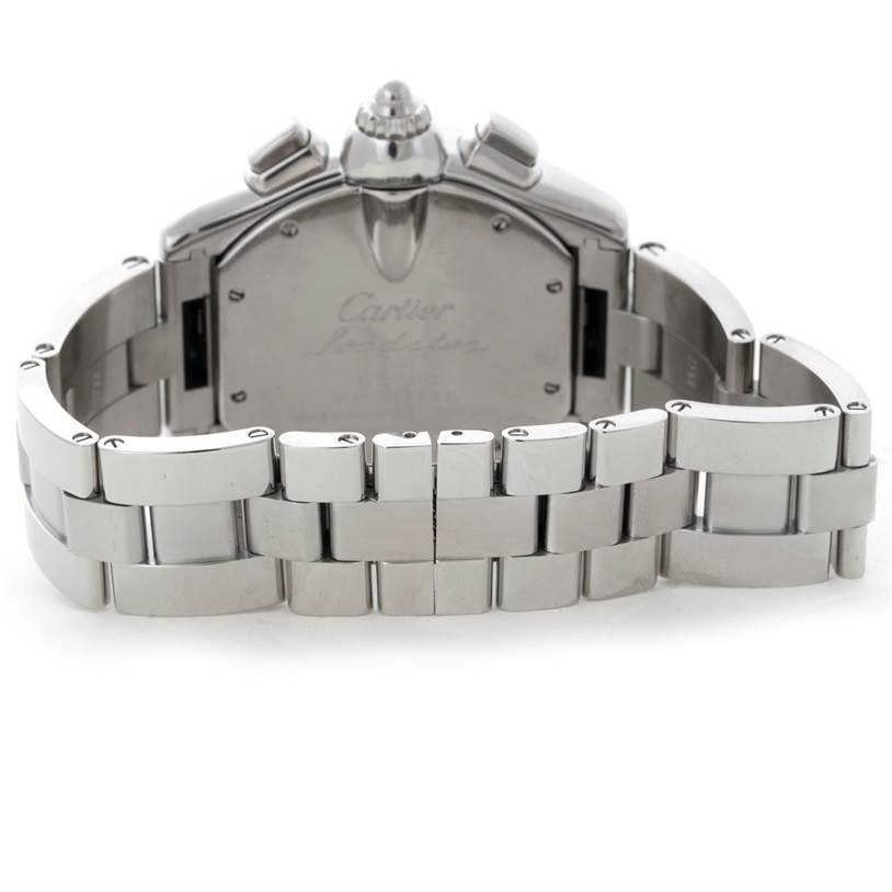 The image shows the back view of a Cartier Roadster W62019X6 Men's Stainless Steel Silver Dial W62019X6 Men's Stainless Steel Silver Dial watch, highlighting its metal bracelet and case back.