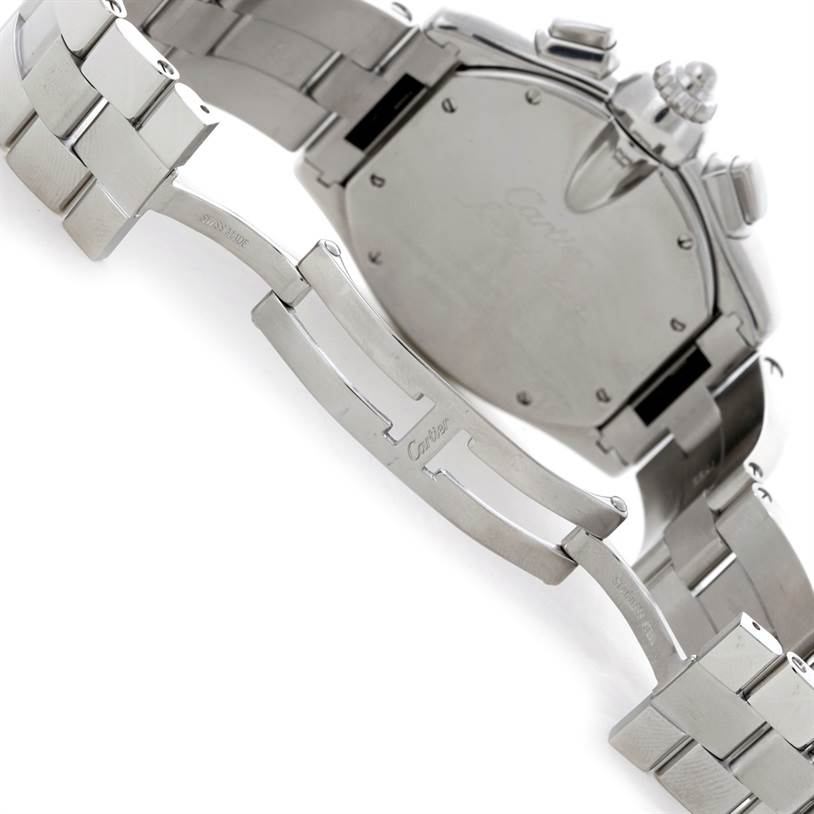 The image shows the back of a Cartier Roadster W62019X6 Men's Stainless Steel Silver Dial W62019X6 Men's Stainless Steel Silver Dial watch, including the open clasp and bracelet links.