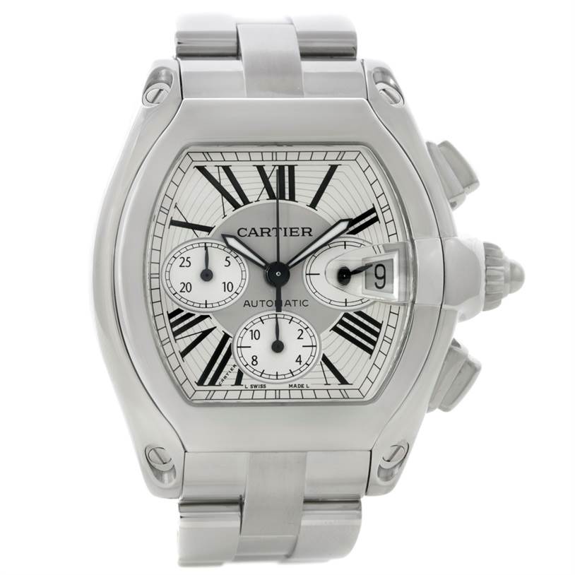 The Cartier Roadster W62019X6 Men's Stainless Steel Silver Dial W62019X6 Men's Stainless Steel Silver Dial watch is shown from a front angle, featuring its dial, crown, pushers, and stainless steel bracelet.