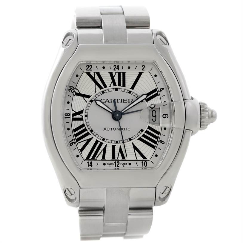 This image shows a frontal view of the Cartier Roadster W62032X6 Men's Stainless Steel Silver Dial W62032X6 Men's Stainless Steel Silver Dial watch, highlighting its face, bezel, and bracelet.