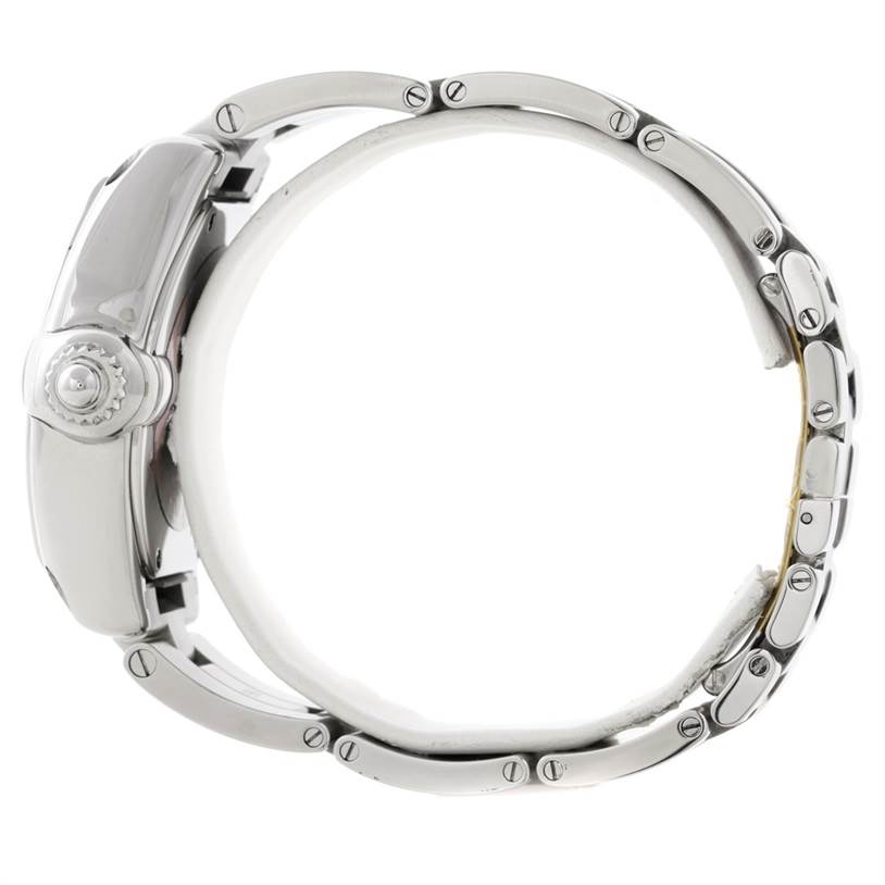 Side profile of a Cartier Roadster W62032X6 Men's Stainless Steel Silver Dial W62032X6 Men's Stainless Steel Silver Dial watch, showcasing the bracelet and crown.