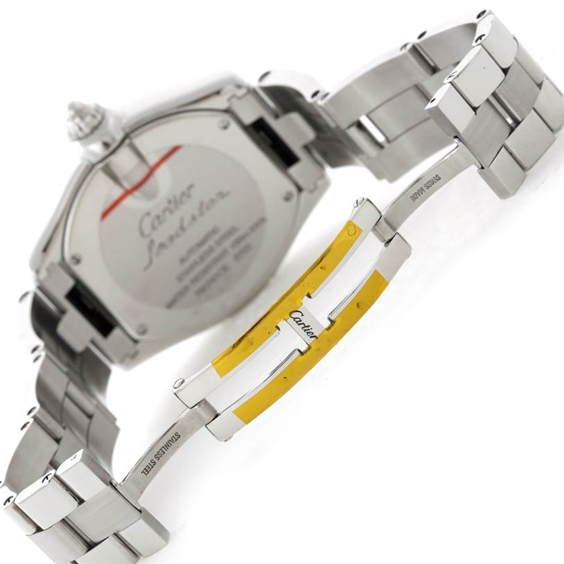 This image shows the back of the Cartier Roadster W62032X6 Men's Stainless Steel Silver Dial W62032X6 Men's Stainless Steel Silver Dial watch and its metal bracelet clasp.