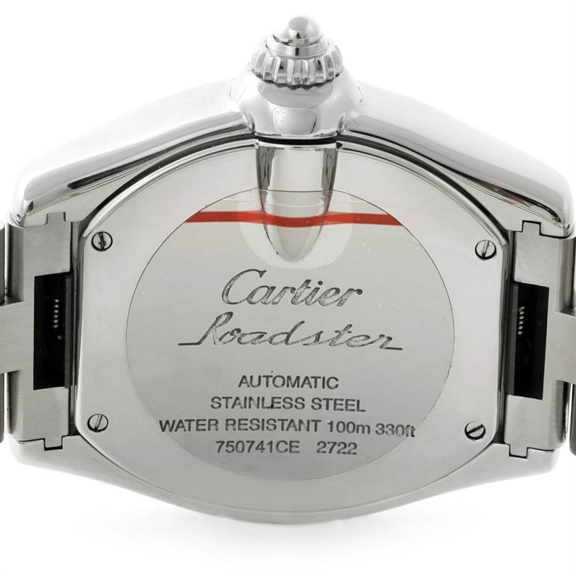 The image shows the back of a Cartier Roadster W62032X6 Men's Stainless Steel Silver Dial W62032X6 Men's Stainless Steel Silver Dial watch, highlighting the stainless steel case and engravings.