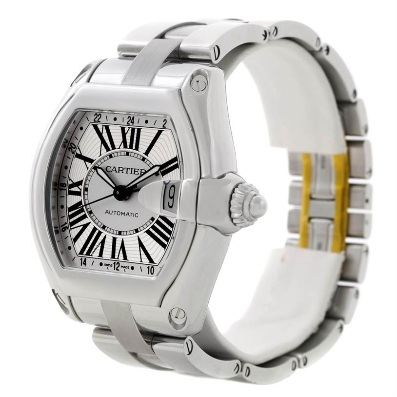 The Cartier Roadster W62032X6 Men's Stainless Steel Silver Dial W62032X6 Men's Stainless Steel Silver Dial watch is shown from an angle highlighting its face, bezel, crown, and metal band.