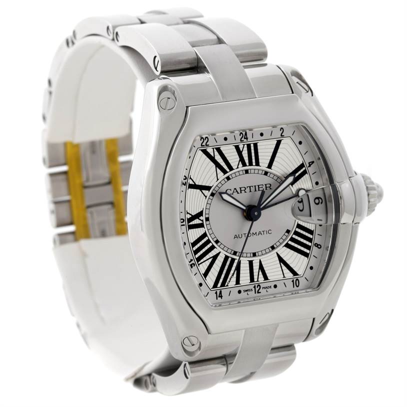 The image shows a Cartier Roadster W62032X6 Men's Stainless Steel Silver Dial W62032X6 Men's Stainless Steel Silver Dial watch, angled to display the face, band, crown, and part of the clasp.