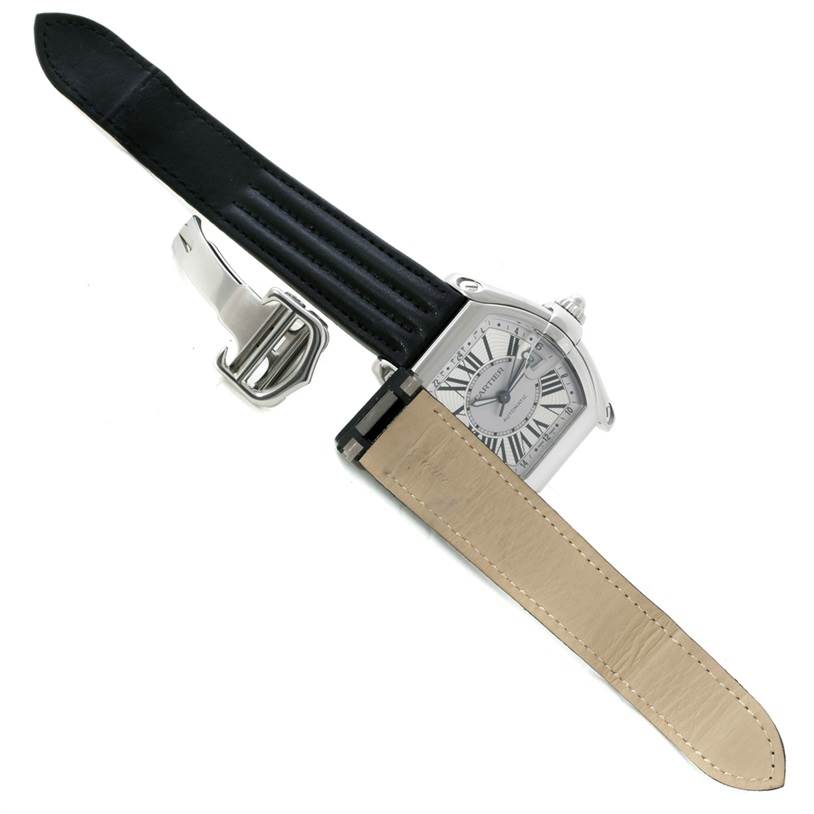 This image shows a side angle of the Cartier Roadster W62032X6 Men's Stainless Steel Silver Dial W62032X6 Men's Stainless Steel Silver Dial watch, highlighting its watch face, straps, and clasp mechanism.