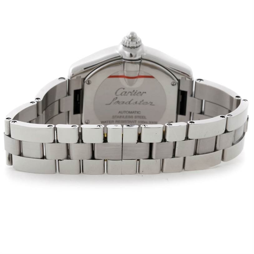 The image shows the back view of the Cartier Roadster W62032X6 Men's Stainless Steel Silver Dial W62032X6 Men's Stainless Steel Silver Dial watch, highlighting its stainless steel bracelet and case back.