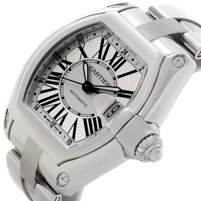 This image shows a Cartier Roadster W62032X6 Men's Stainless Steel Silver Dial W62032X6 Men's Stainless Steel Silver Dial watch from an oblique angle, highlighting the dial, bezel, crown, and part of the bracelet.