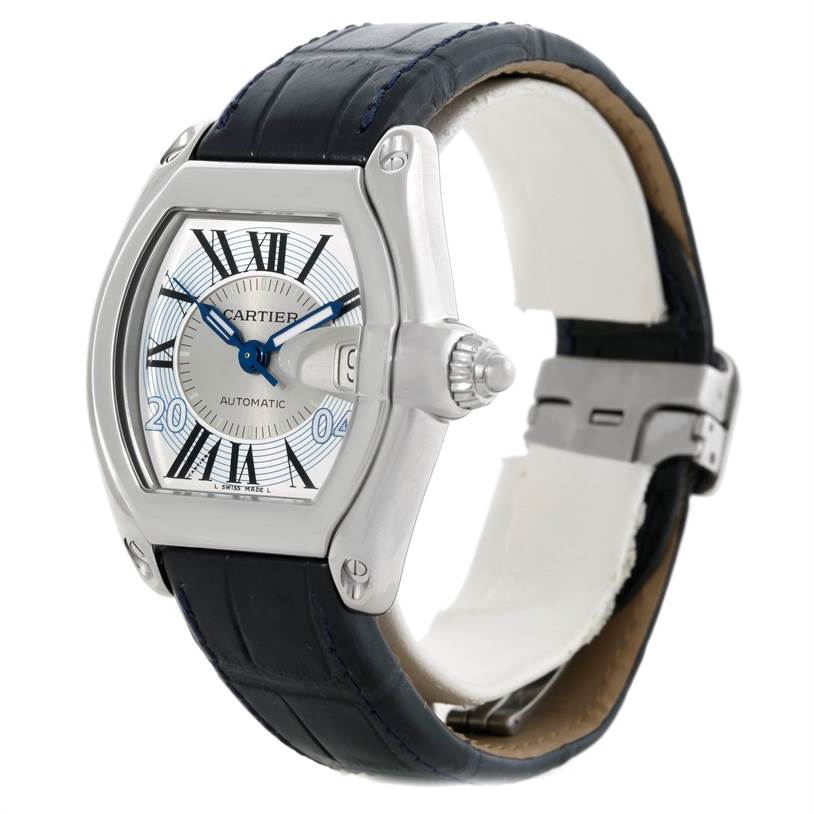 The image shows a Cartier Roadster W62025V3 Men's Stainless Steel Silver Dial W62025V3 Men's Stainless Steel Silver Dial watch at a slight angle, highlighting the dial, crown, and leather strap.