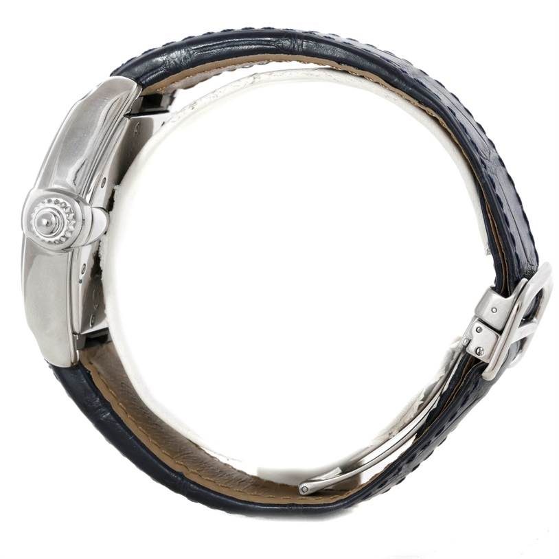 The image shows a side view of the Cartier Roadster W62025V3 Men's Stainless Steel Silver Dial W62025V3 Men's Stainless Steel Silver Dial watch, highlighting the crown, case, and leather strap.