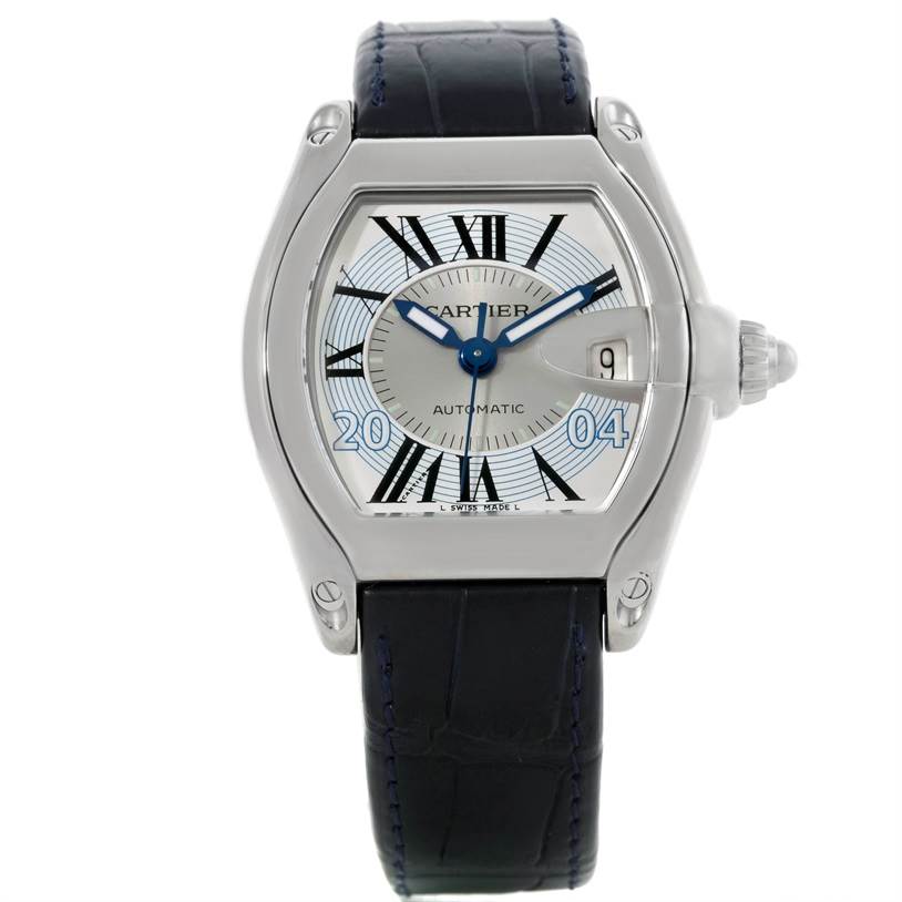 This Cartier Roadster W62025V3 Men's Stainless Steel Silver Dial W62025V3 Men's Stainless Steel Silver Dial model watch is shown from the front, highlighting its dial, case, and leather strap.