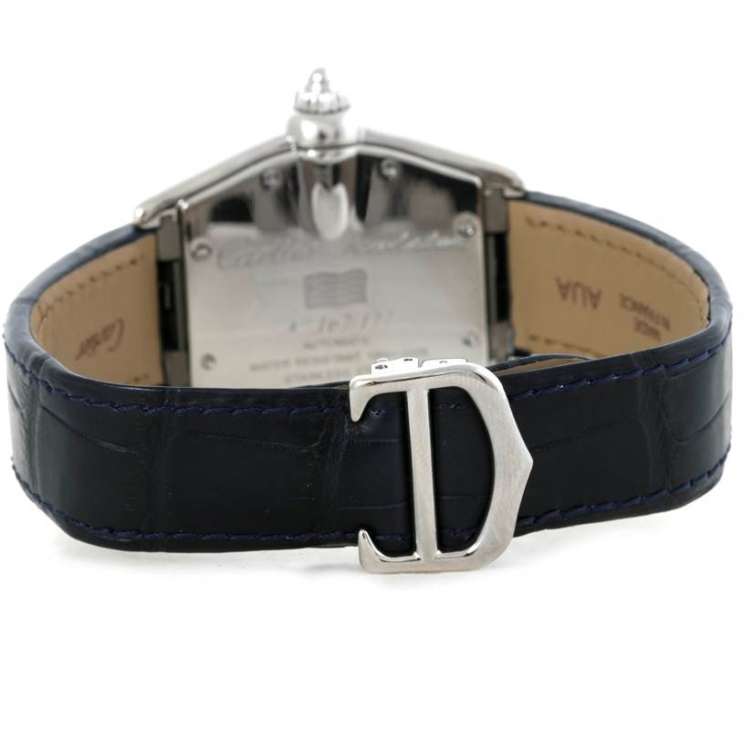 The image shows the back case and leather strap of a Cartier Roadster W62025V3 Men's Stainless Steel Silver Dial W62025V3 Men's Stainless Steel Silver Dial watch, including the clasp.