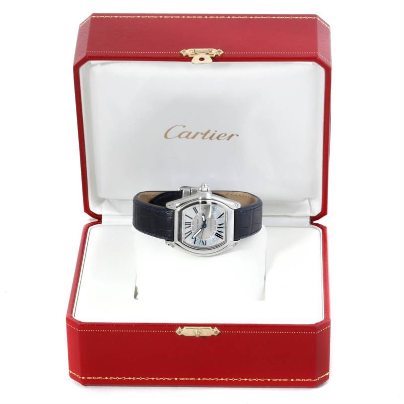 The Cartier Roadster W62025V3 Men's Stainless Steel Silver Dial W62025V3 Men's Stainless Steel Silver Dial watch is shown from the front, placed in its open red presentation box.
