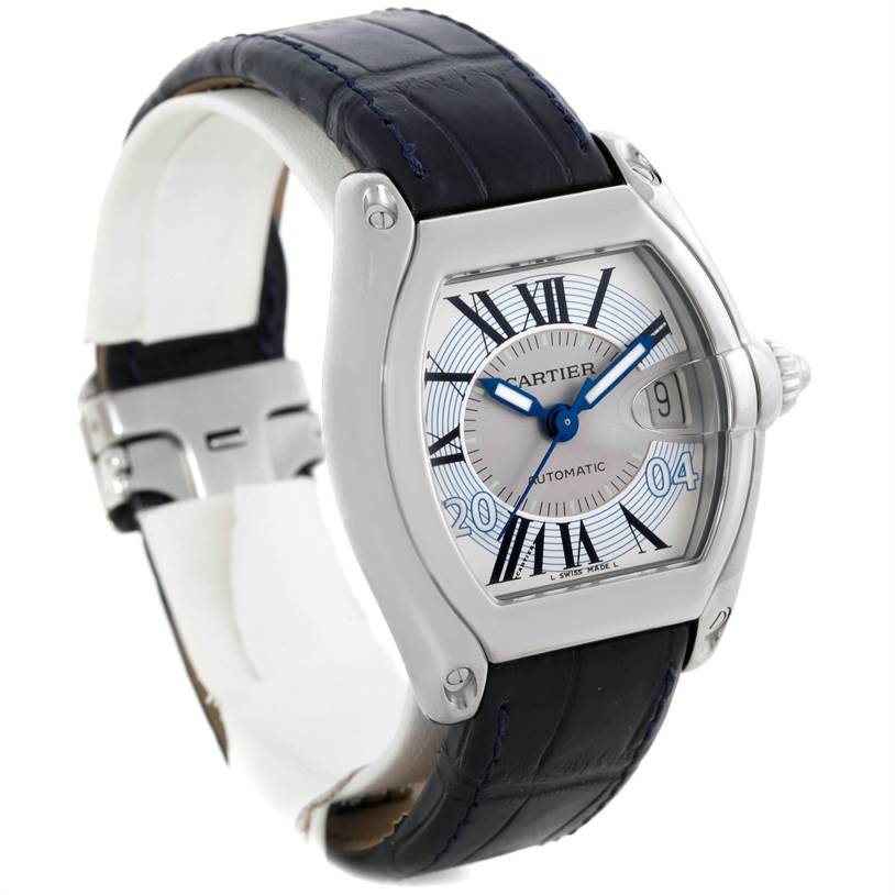 The image shows a Cartier Roadster W62025V3 Men's Stainless Steel Silver Dial W62025V3 Men's Stainless Steel Silver Dial watch angled slightly from the side, highlighting its dial, bezel, crown, and leather strap.
