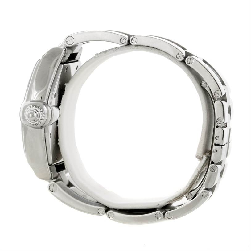 The image shows a side view of the Cartier Roadster W62025V3 Men's Stainless Steel Silver Dial W62025V3 Men's Stainless Steel Silver Dial watch, focusing on the case, crown, and metal bracelet.