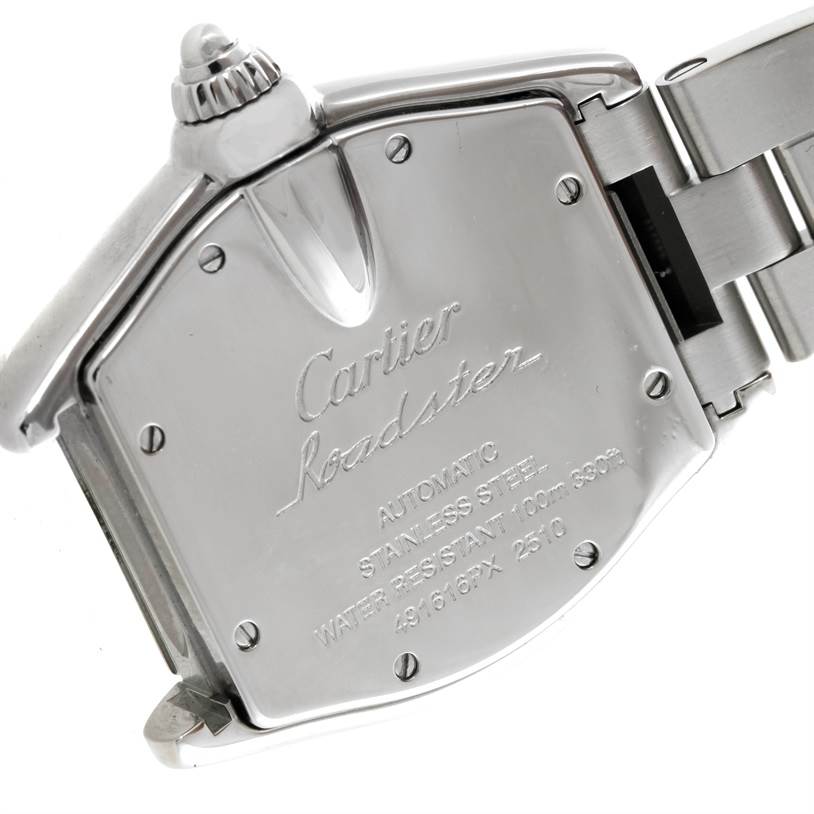 This image shows the back case and part of the bracelet of a Cartier Roadster W62025V3 Men's Stainless Steel Silver Dial W62025V3 Men's Stainless Steel Silver Dial watch.
