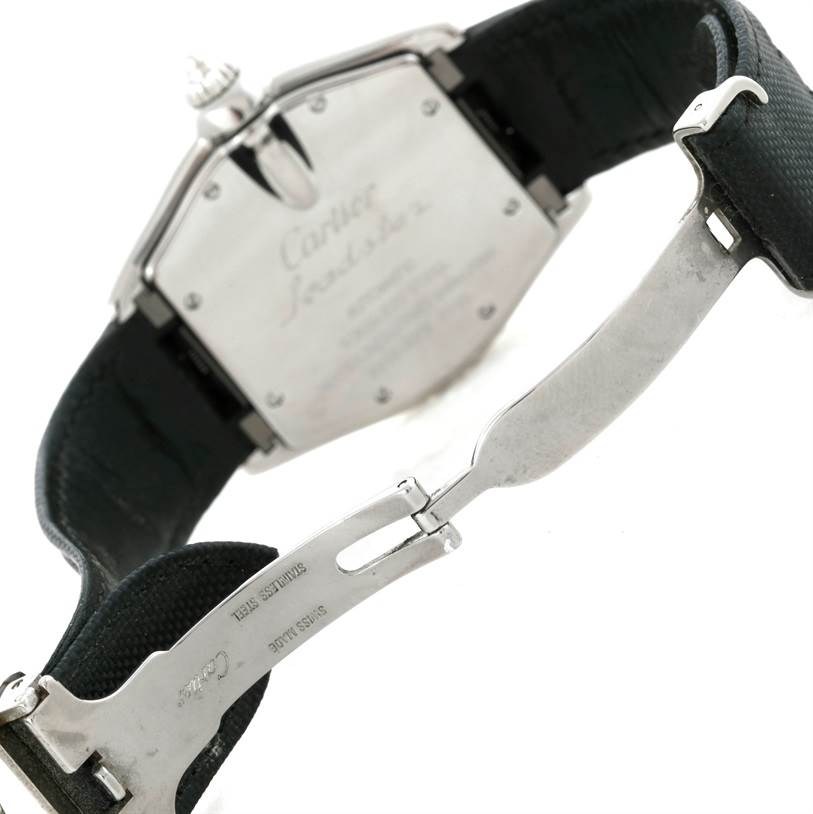 The image shows the back case and partially open clasp of a Cartier Roadster W62025V3 Men's Stainless Steel Silver Dial W62025V3 Men's Stainless Steel Silver Dial watch.