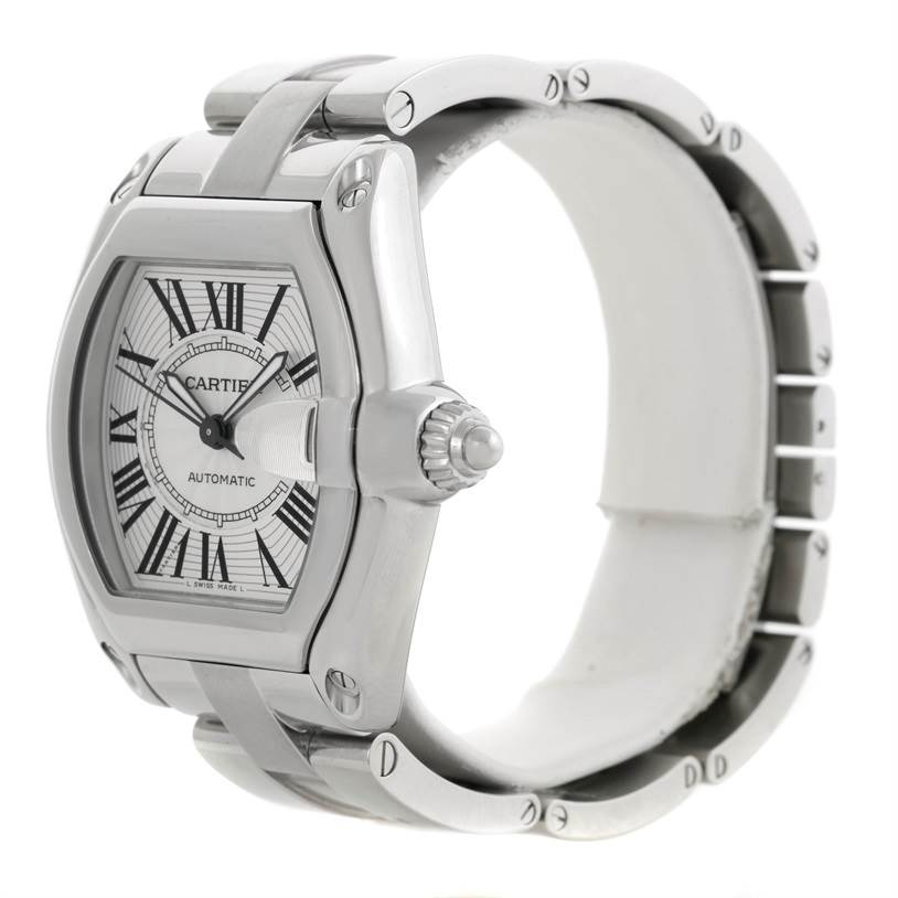 The Cartier Roadster W62025V3 Men's Stainless Steel Silver Dial W62025V3 Men's Stainless Steel Silver Dial watch is shown at a slight angle, displaying the dial, crown, and part of the bracelet.