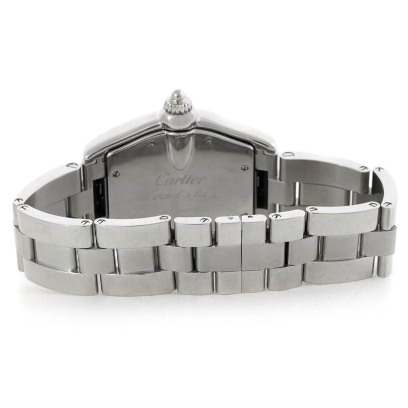 The image shows the back view and bracelet of a Cartier Roadster W62025V3 Men's Stainless Steel Silver Dial W62025V3 Men's Stainless Steel Silver Dial watch.