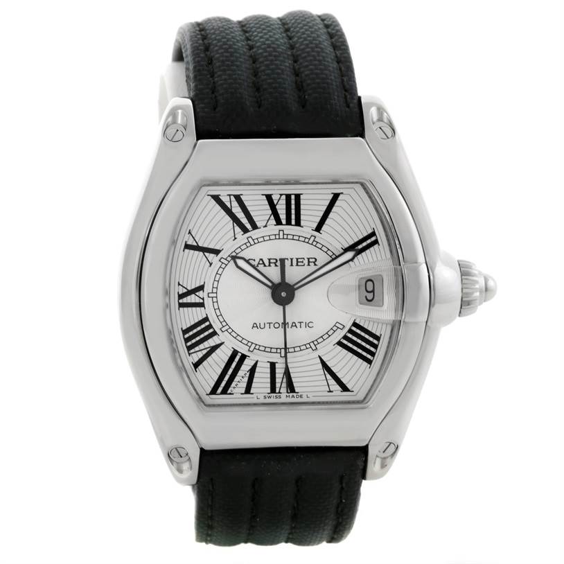 The image shows a frontal view of a Cartier Roadster W62025V3 Men's Stainless Steel Silver Dial W62025V3 Men's Stainless Steel Silver Dial watch, displaying its face, strap, and side crown.