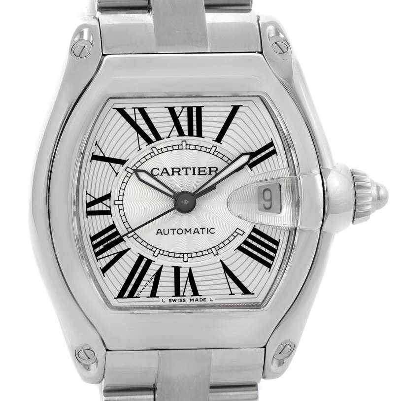 This image shows a close-up of the face and bracelet of a Cartier Roadster W62025V3 Men's Stainless Steel Silver Dial W62025V3 Men's Stainless Steel Silver Dial watch.