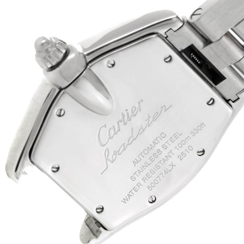 This image shows the clasp and back case of a Cartier Roadster W62025V3 Men's Stainless Steel Silver Dial W62025V3 Men's Stainless Steel Silver Dial watch, including details on water resistance and model information.