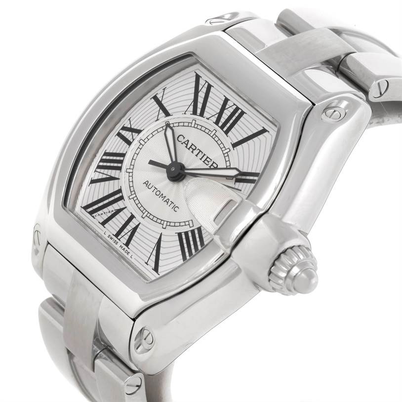 This image shows a close-up, angled view of a Cartier Roadster W62025V3 Men's Stainless Steel Silver Dial W62025V3 Men's Stainless Steel Silver Dial model watch, focusing on the dial and part of the bracelet.