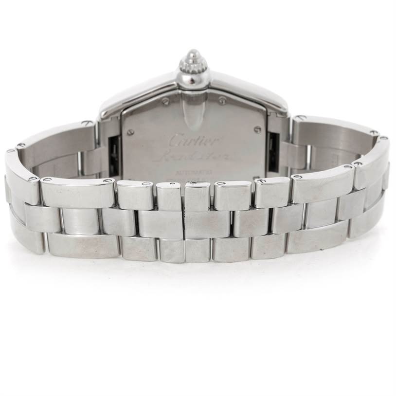 The image shows the back of the Cartier Roadster W62025V3 Men's Stainless Steel Silver Dial W62025V3 Men's Stainless Steel Silver Dial watch, focusing on the stainless steel bracelet and clasp.