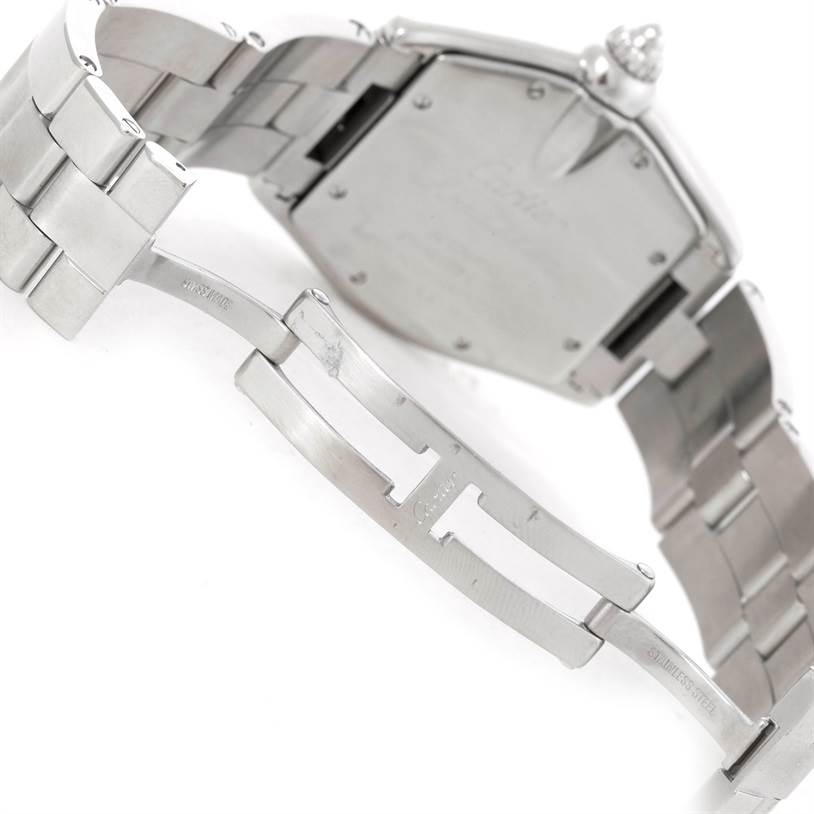 The image shows the back view of the Cartier Roadster W62025V3 Men's Stainless Steel Silver Dial W62025V3 Men's Stainless Steel Silver Dial watch, focusing on the bracelet and deployment clasp.