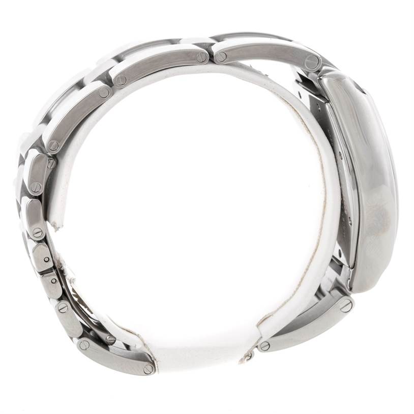 This image shows a Cartier Roadster W62025V3 Men's Stainless Steel Silver Dial W62025V3 Men's Stainless Steel Silver Dial watch from a side angle, highlighting its stainless steel bracelet and partially visible case.