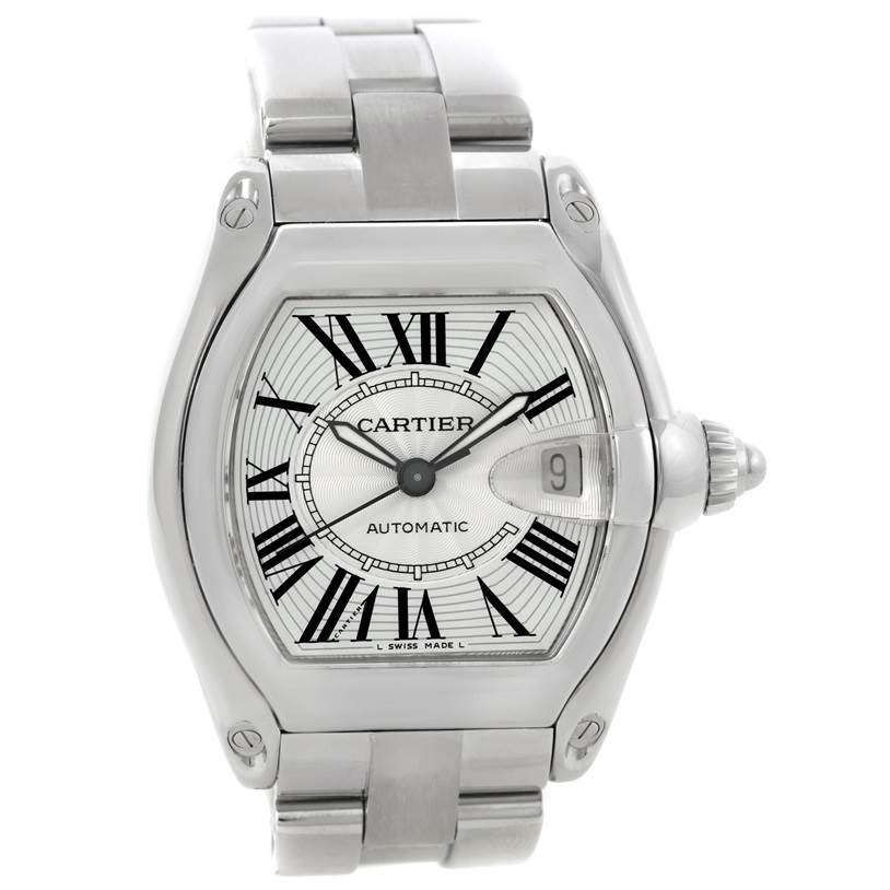 This image shows the front view of a Cartier Roadster W62025V3 Men's Stainless Steel Silver Dial W62025V3 Men's Stainless Steel Silver Dial watch, highlighting its dial, bezel, crown, and part of the bracelet.