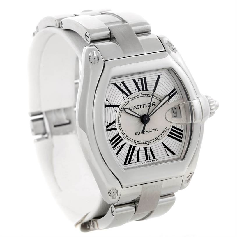 The Cartier Roadster W62025V3 Men's Stainless Steel Silver Dial W62025V3 Men's Stainless Steel Silver Dial watch is shown from a front-side angle, highlighting the face, band, and crown.