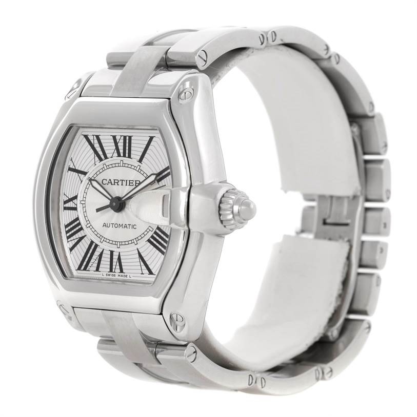 The image shows a Cartier Roadster W62025V3 Men's Stainless Steel Silver Dial W62025V3 Men's Stainless Steel Silver Dial watch from an angled side view, highlighting the face, crown, and part of the bracelet.
