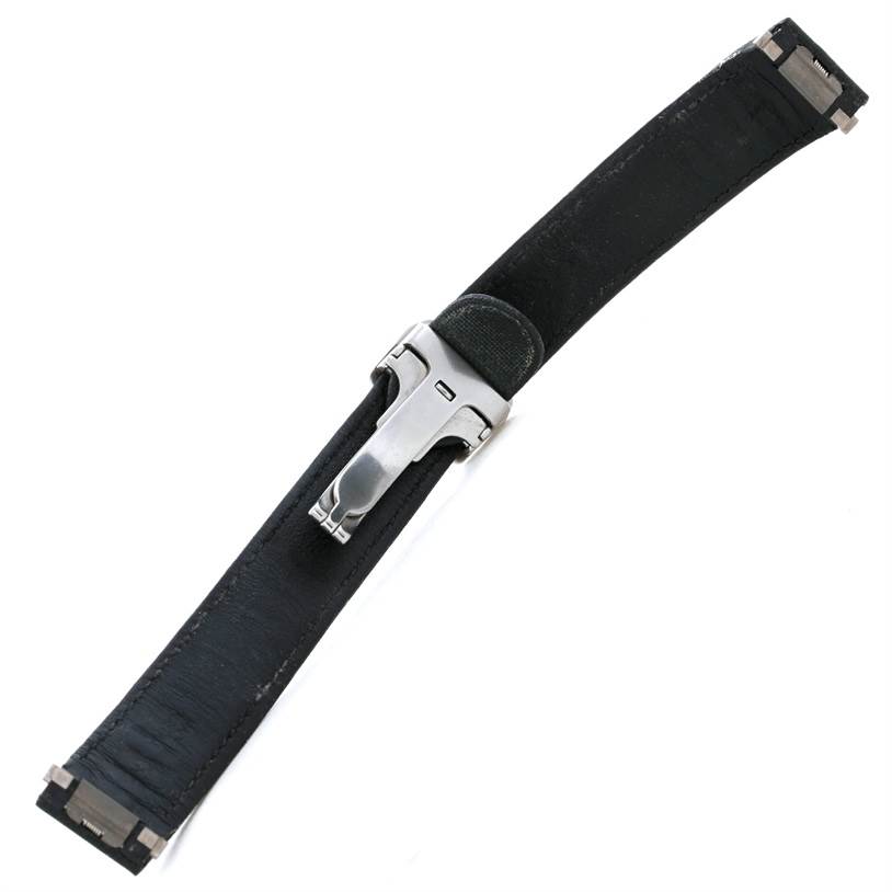 This image shows a black leather strap for a Cartier Roadster W62025V3 Men's Stainless Steel Silver Dial W62025V3 Men's Stainless Steel Silver Dial watch with a metal clasp, viewed from above.