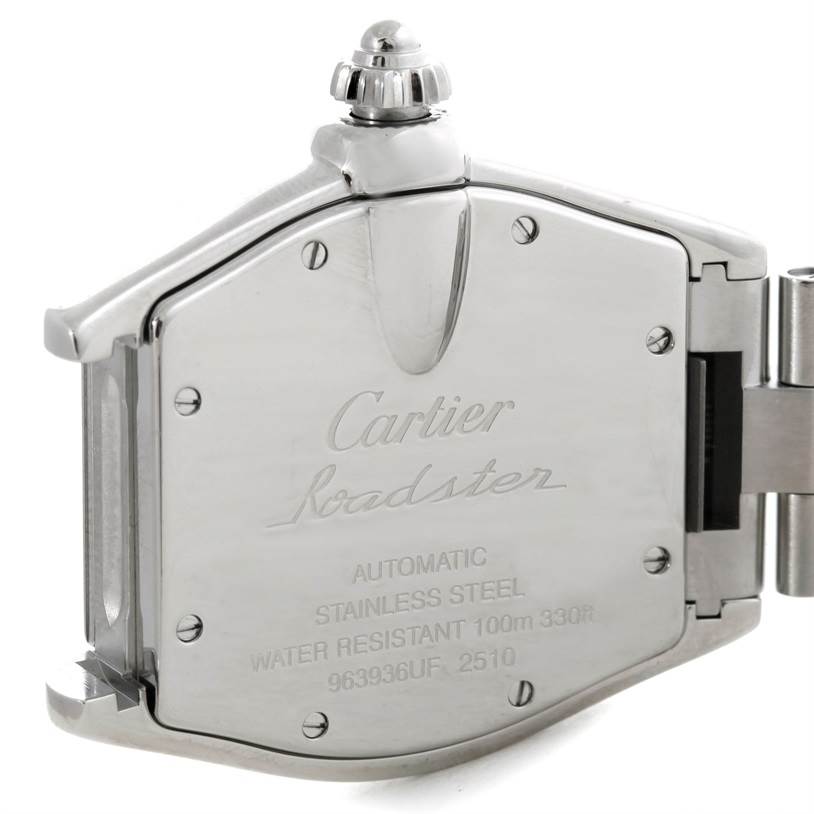 This image shows the back case of the Cartier Roadster W62025V3 Men's Stainless Steel Silver Dial W62025V3 Men's Stainless Steel Silver Dial watch, highlighting its engraved details and crown.