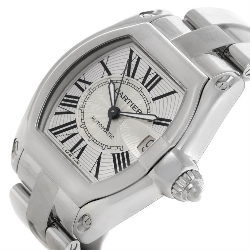 The Cartier Roadster W62025V3 Men's Stainless Steel Silver Dial W62025V3 Men's Stainless Steel Silver Dial watch is shown from a slightly angled top-down perspective, highlighting its dial, bezel, crown, and bracelet.