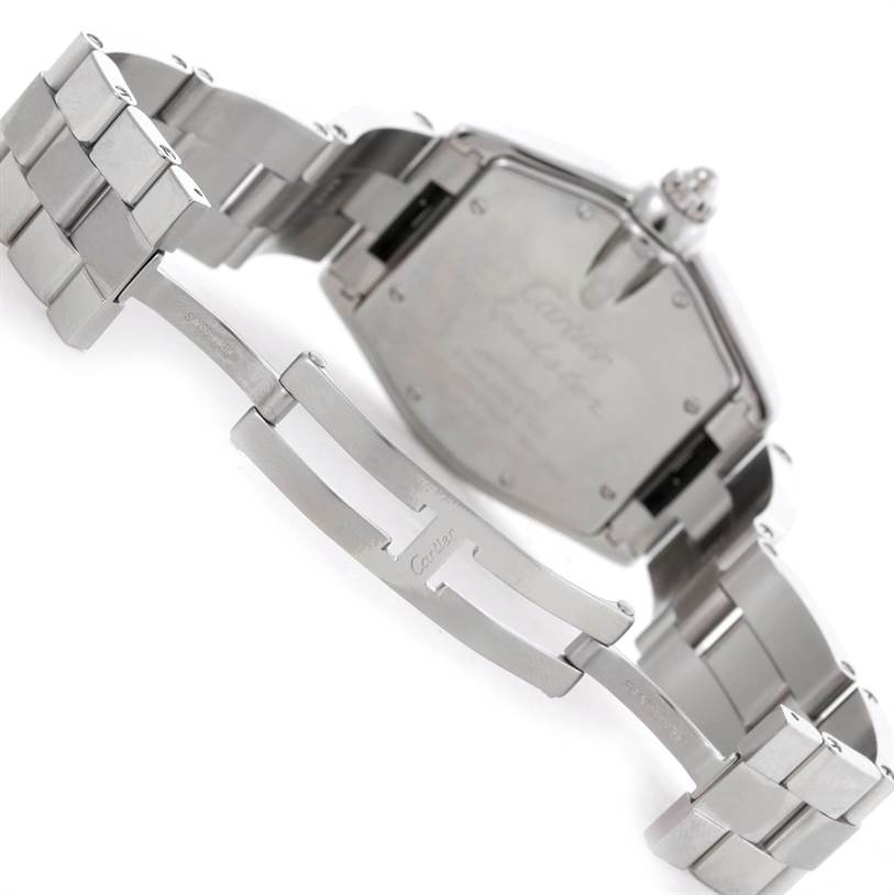 The image shows the back case and partially open metal bracelet of a Cartier Roadster W62025V3 Men's Stainless Steel Silver Dial W62025V3 Men's Stainless Steel Silver Dial watch. 