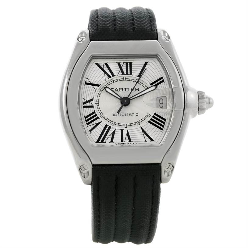 This Cartier Roadster W62025V3 Men's Stainless Steel Silver Dial W62025V3 Men's Stainless Steel Silver Dial watch is shown from a front angle, displaying its face, bezel, and black strap.